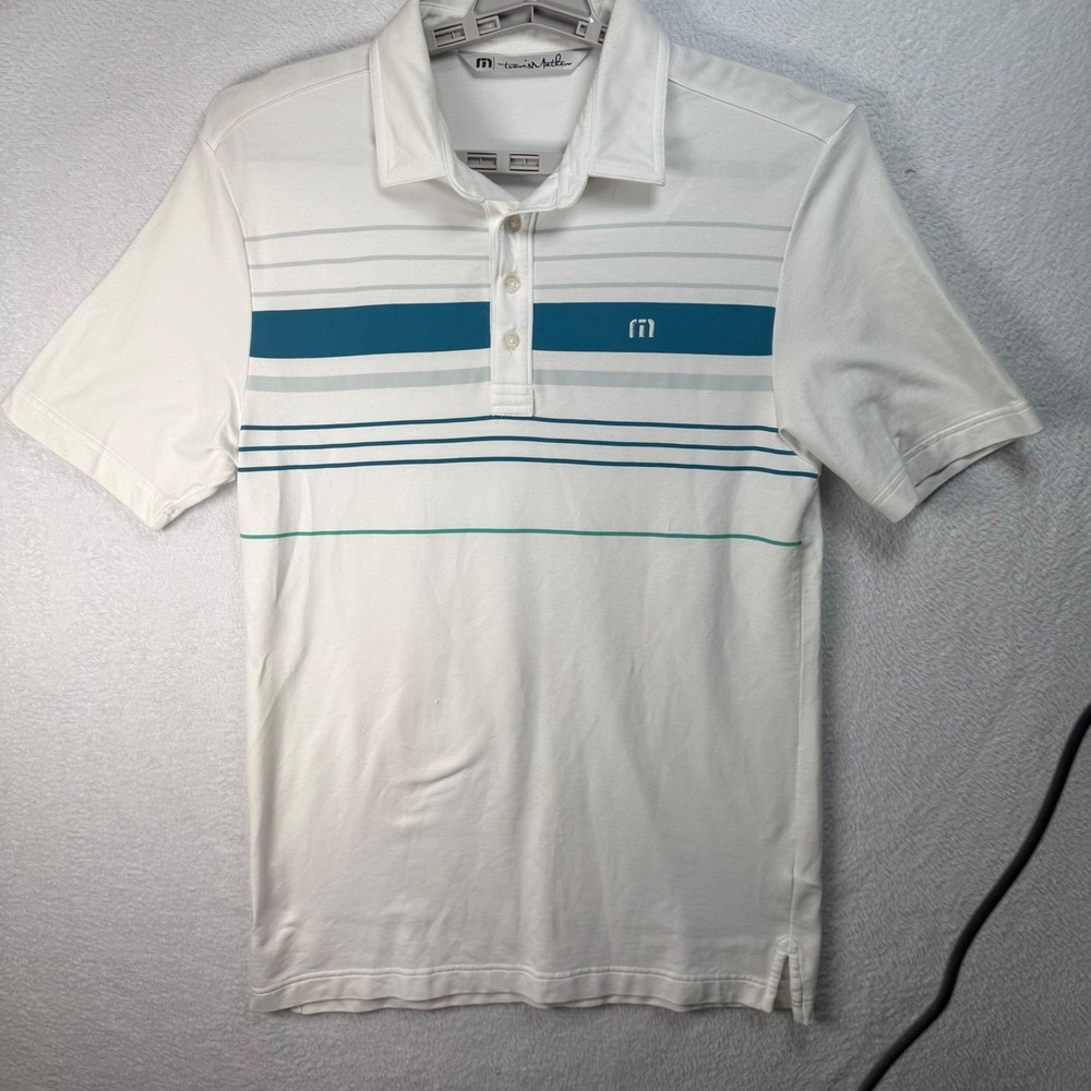 Travis Mathew Polo Shirt Mens Small White Teal Striped‎ Short Sleeve Golf Top